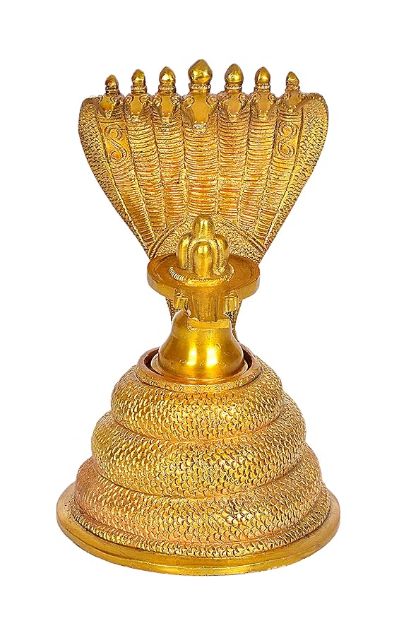 5 Five Mukha Linga Protected by Seven Hooded Serpent in Brass Gold, Height 8 Inch