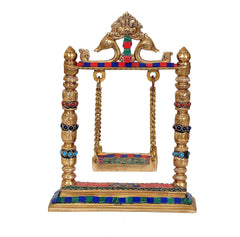 Brass swing for Ladoo Gopal idol; gold posts with multicolour accents and hanging chains