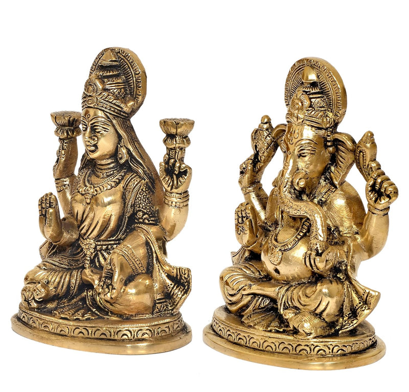 Brass Laxmi Ganesh Statue - Handcrafted Goddess Lakshmi and Lord Ganesha Idol for Home Decor and Pooja - Hindu Deities Figurine (Height 5.5 Inch)