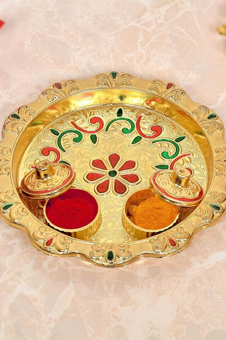 Gold Plated Plastic Haldi Kumkum Holder Pooja Thali Tilak Plate (Width 5.5 Inch)