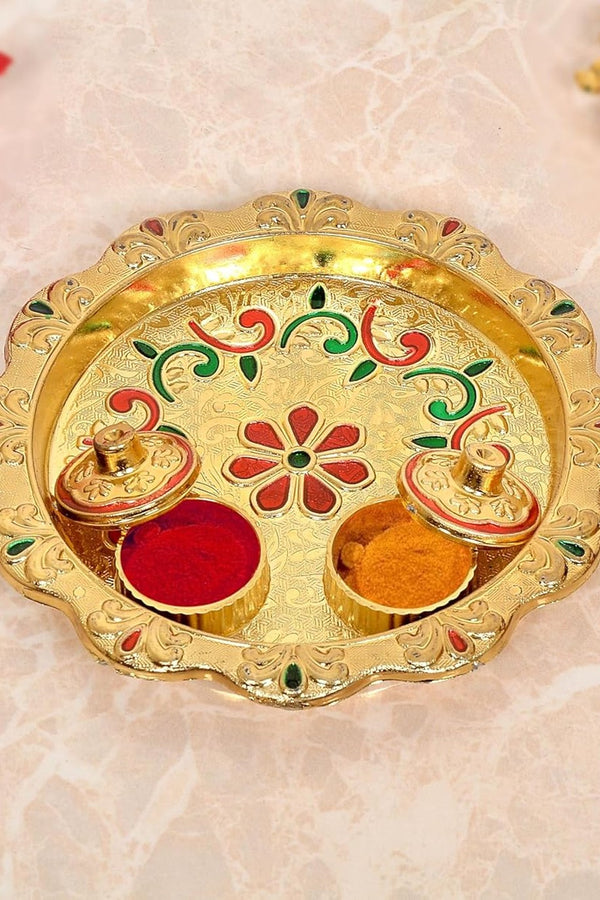 Gold Plated Plastic Haldi Kumkum Holder Pooja Thali Tilak Plate (Width 5.5 Inch)