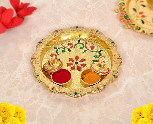 Decorative Design Gold Plated Plastic Haldi Kumkum Holder Pooja Thali and 2 Bowl For Rakhi Diwali Wedding Gifts Tilak Plate (Width 5.5 Inch) (Multicolor Pooja Thali)