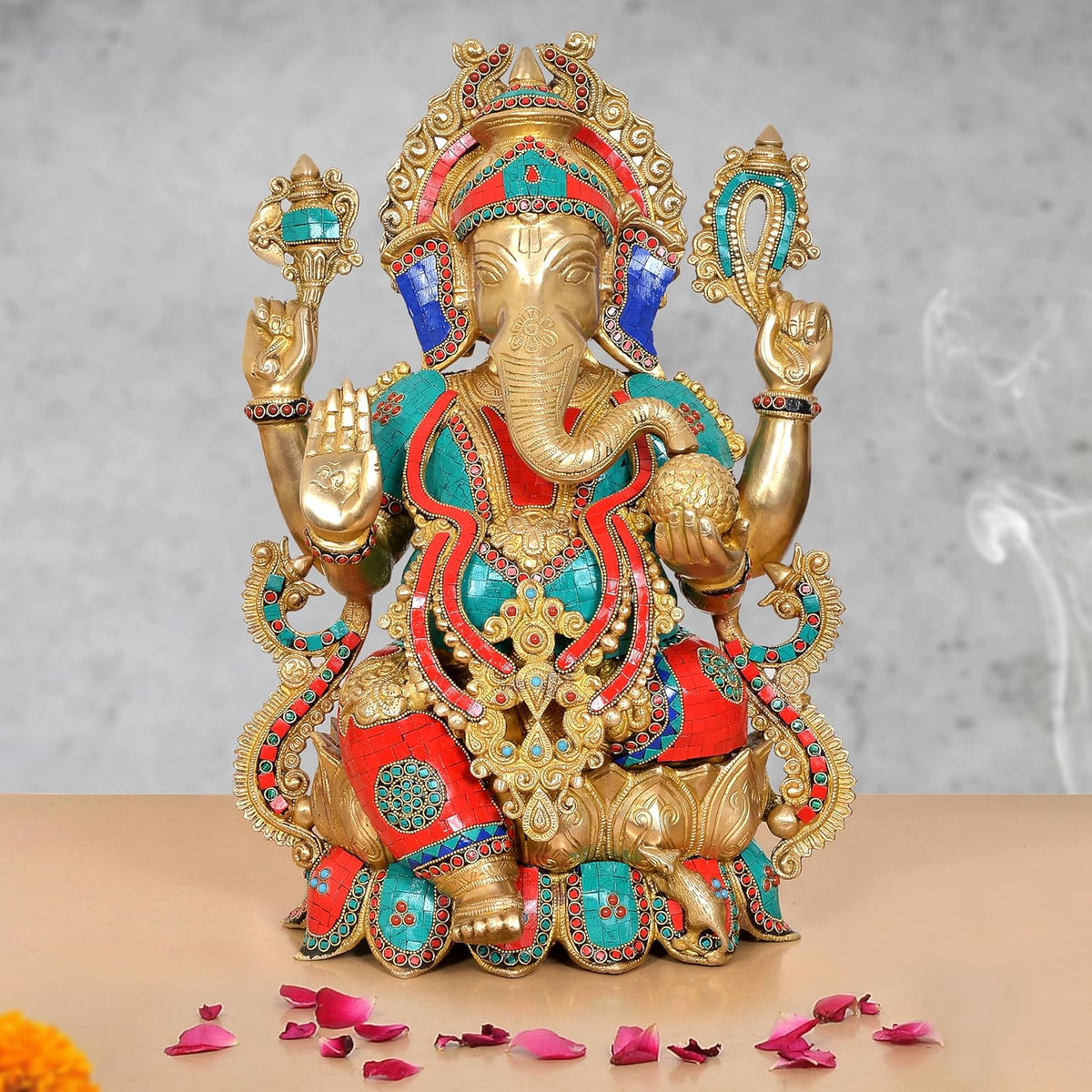AONA large brass Ganesha statue with painted teal, red, and gold details; 20 inch