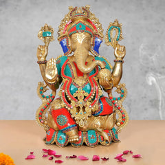AONA large brass Ganesha statue with painted teal, red, and gold details; 20 inch