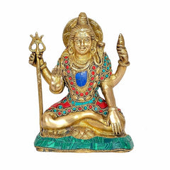 Sitzende Shiva-Statue aus Messing mit Trishul, polierter Goldton, farbige Steine