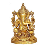 Brass Ganesha statue idol front view on round engraved base