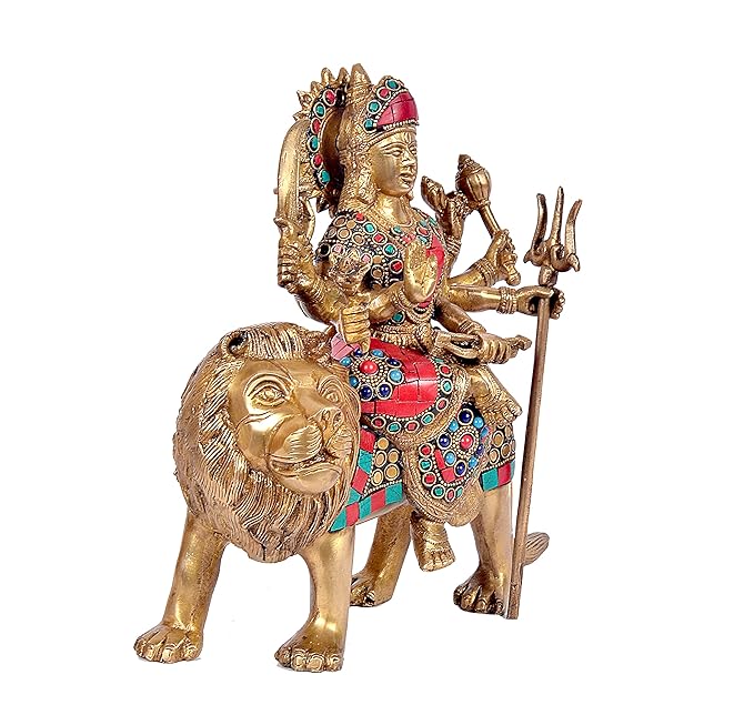 Brass Mother Goddess Durga Sitting On Lion Inlay Work Religious Statue Height 10 Inches