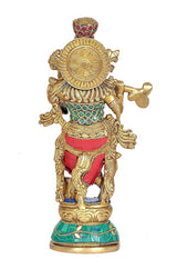 Brass Radha Krishna statue back view, circular disc motif, gem-studded waistband