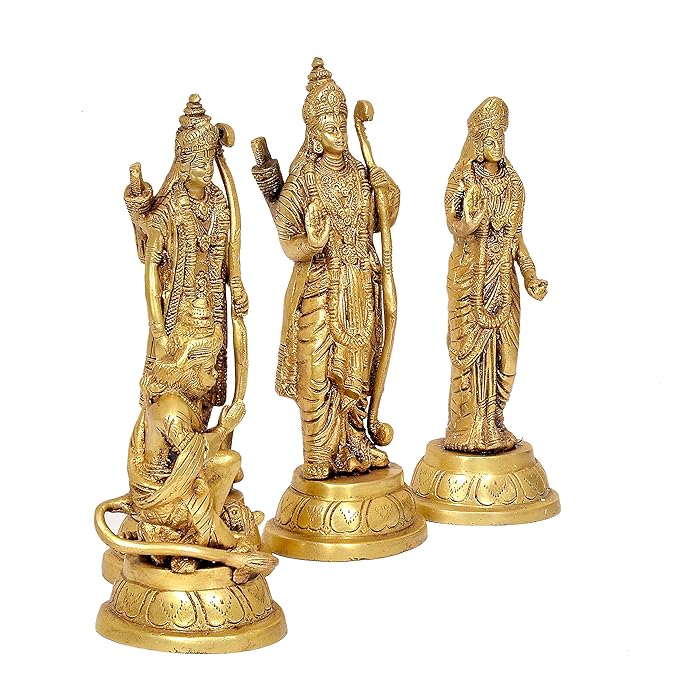 Lord Rama Family Ram Darbar Ram, Sita, Laxman, Hanuman Golden Color Brass Statue (Height 11 Inches)