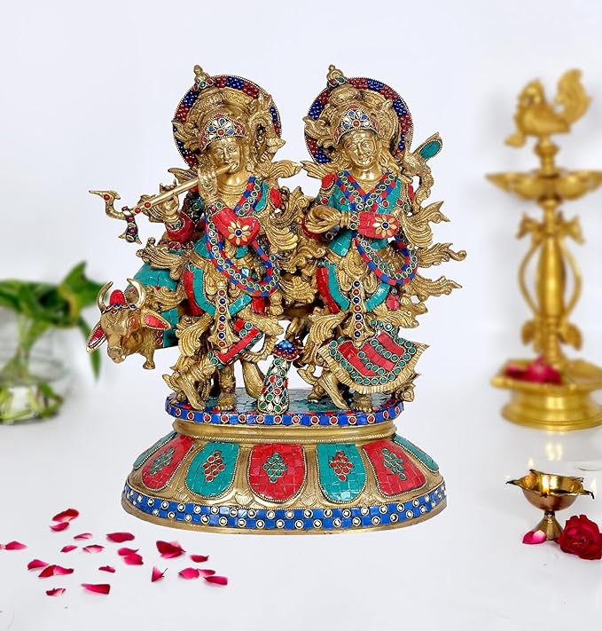 Brass Krishna Radha Cow Statue - Divine Hindu Deity Sculpture for Home Decor and Worship | 18 inch Height