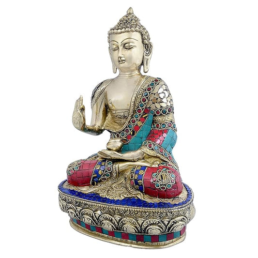 Brass Murti Buddha Idol Statue in Blessing Posture in Colored Stones for Home Office Decoration Good Luck Religious Vastu Gift Height 12 Inch