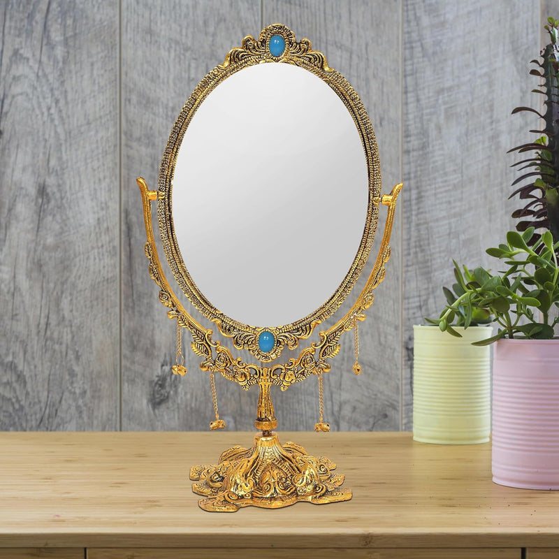 Metal Double Side Table Mirror Gold Plated Frame for Home Decor Room Table Showpiece (Height 8 Inch)