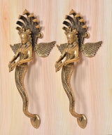 Brass Naga Kanya door handle pair, detailed crowned serpents with curved end plates