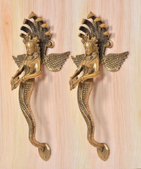 Brass Naga Kanya door handle pair, detailed crowned serpents with curved end plates