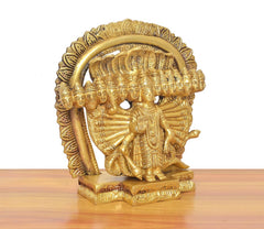 Brass Vishnu Virat swaroop statue, angled view of 15 faces surrounding central deity