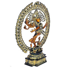 Brass Nataraja Shiva showpiece, angled view of dancing form inside circular arch