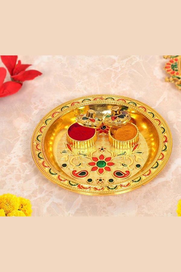 Gold Plated Plastic Haldi Kumkum Holder Pooja Thali  Tilak Plate (Width 5.5 Inch)