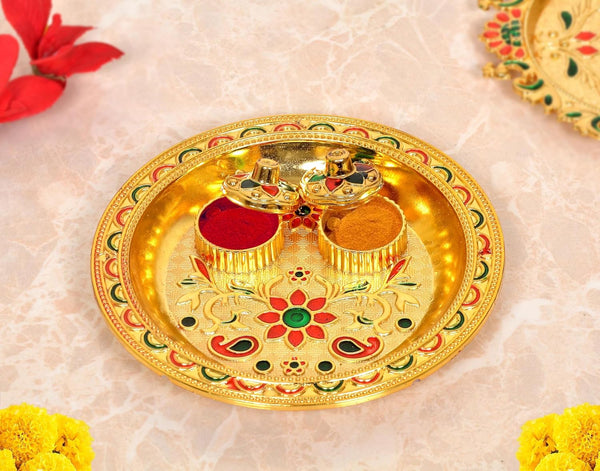 Decorative Design Gold Plated Plastic Haldi Kumkum Holder Pooja Thali and 2 Bowl For Rakhi Diwali Wedding Gifts Tilak Plate (Width 5.5 Inch) (Multicolor Pooja Thali)