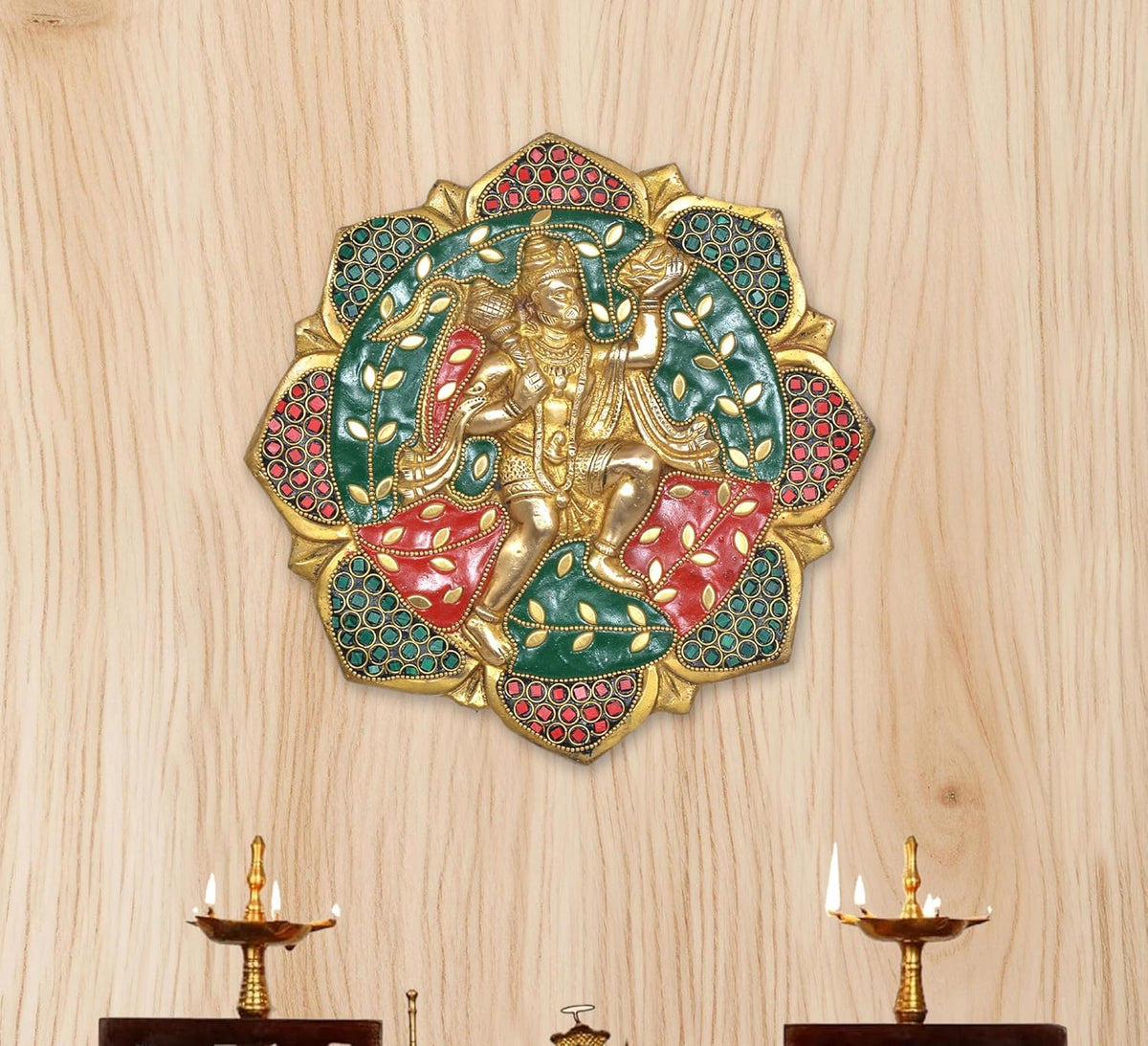 Brass wall hanging sculpture of Hanuman JI with colorful mountain Anjaneya design