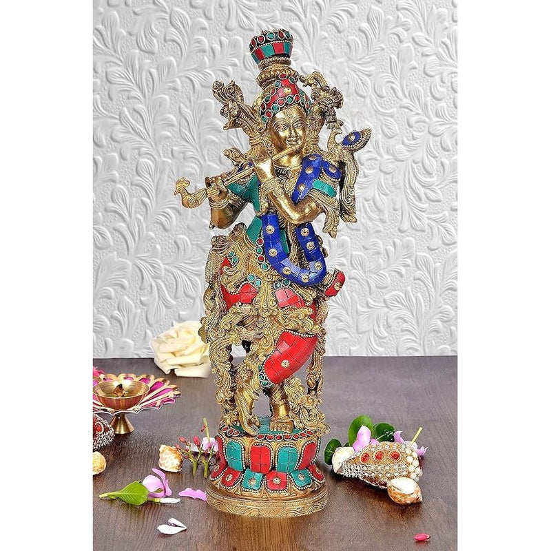 Brass Lord Krishna Idol Statue Krishna Figurine Sculpture Decorative Showpiece for Home Office Decor Multicolour Height 14.5 Inches