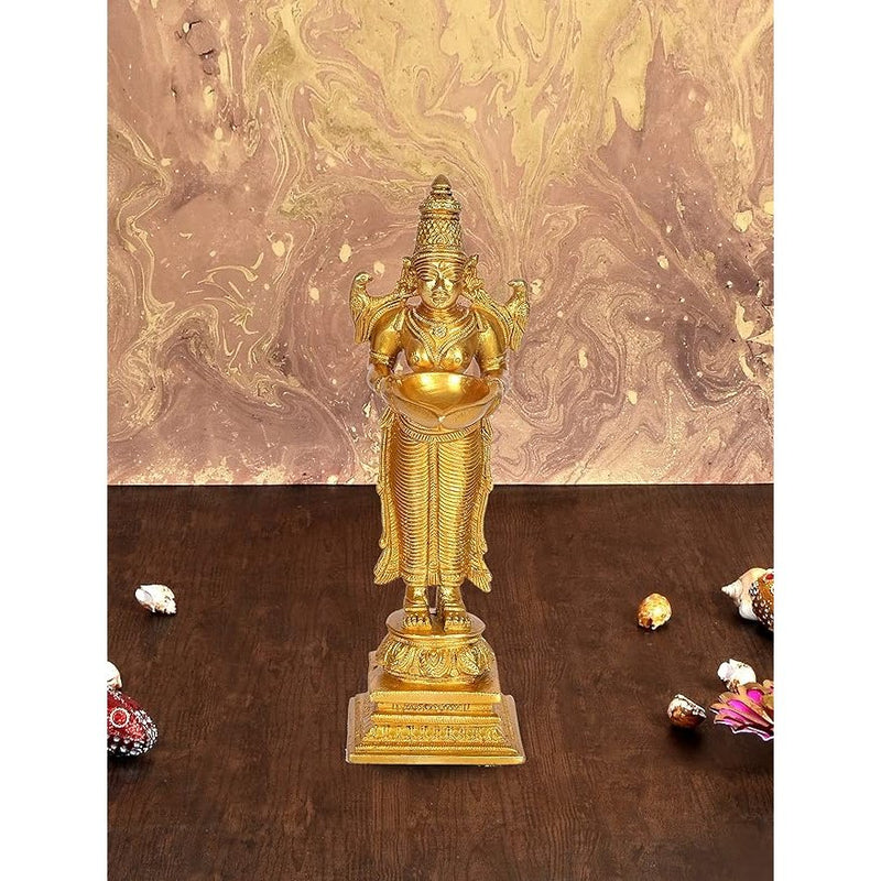 Brass Deep Lakshmi Brass Deep Lady Idol Brass Showpiece for Prosperity Happiness Golden Height 9.5 Inches