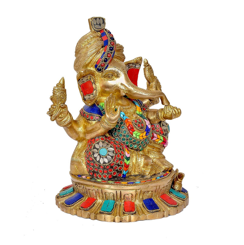 AONA Mangalkari Ganesh in Pagdi On Asan Golden Brass Statue Idol Murti (Height : 9.5 Inches)