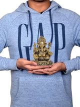 Brass Ganesha statue held in hands, 5 inch, ornate base and four-armed form