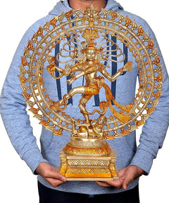 AONA brass dancing Shiva Nataraj idol held in hands; circular halo and base visible