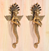 Golden brass Naga Kanya door handles, twin serpentine bodies with winged heads