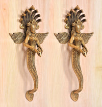 Golden brass Naga Kanya door handles, twin serpentine bodies with winged heads