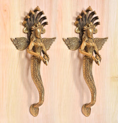 Golden brass Naga Kanya door handles, twin serpentine bodies with winged heads