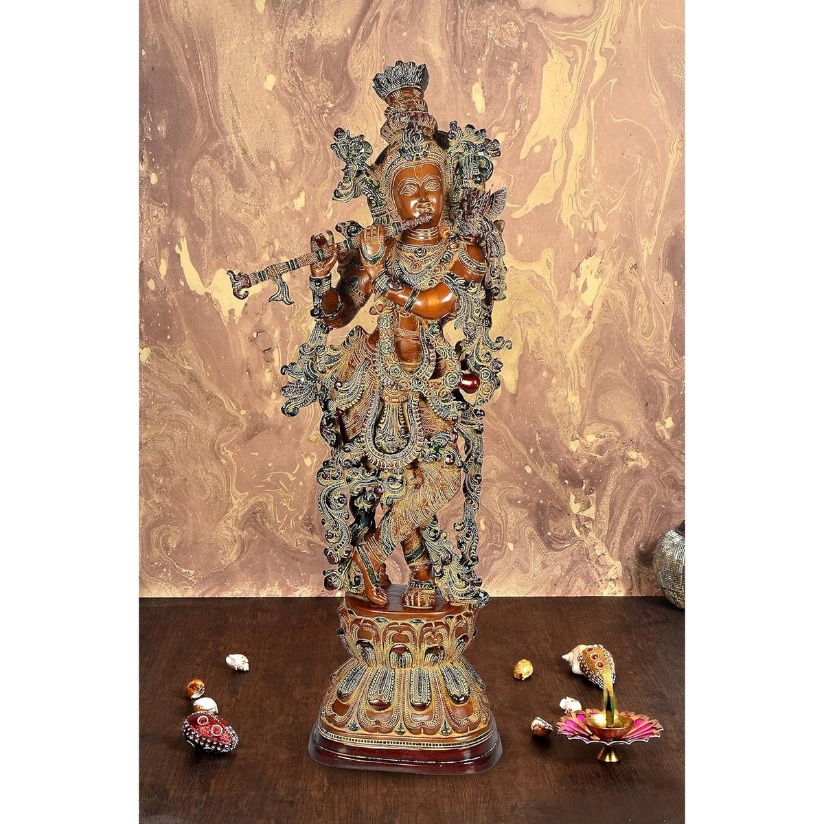 AONA brass Krishna figurine with ornate crown, holding flute, full-body standing on base