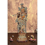 Brass Lord Krishna figurine, brown finish, standing with flute and ornate headdress