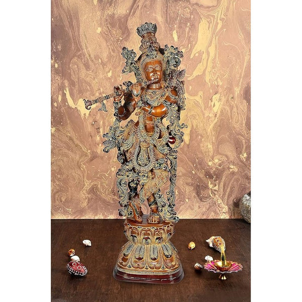 Brass Lord Krishna Figurine (Height 29 Inches) Brown