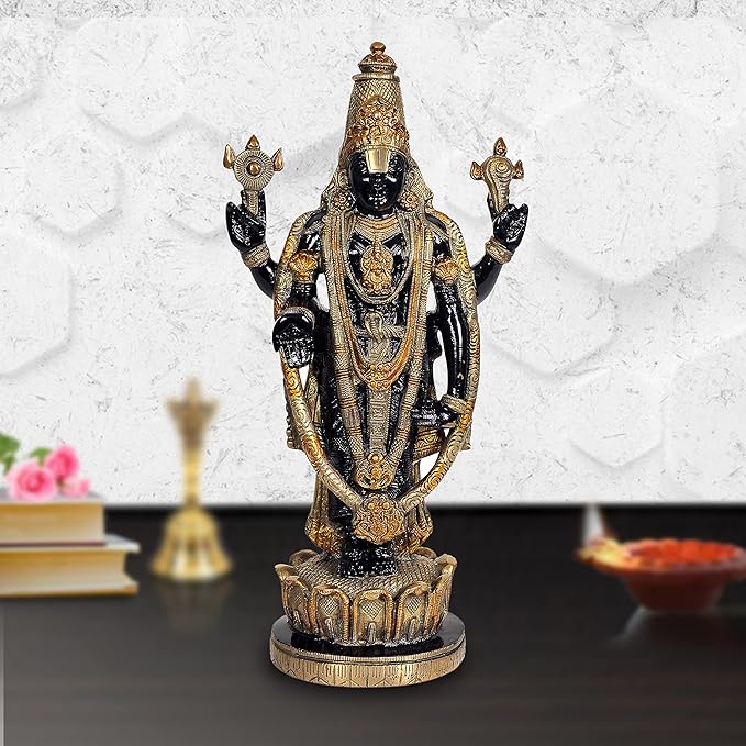 Brass Lord Tirupati Balaji idol figurine with raised hands on ornate gold pedestal