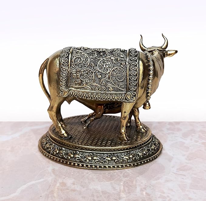 Fine Brass Cow with Calf Pooja Mandir Home Decor (Height 3.5 Inch)