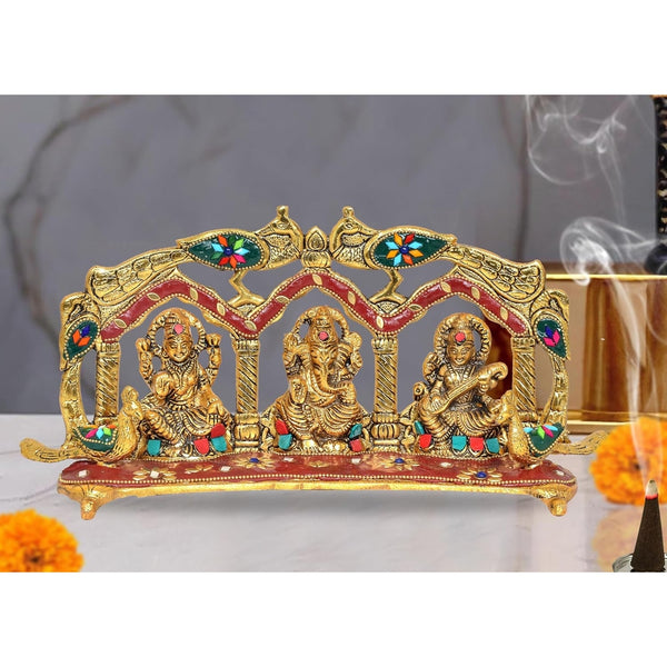 Metal Laxmi Ganesh Saraswati Idol with peacock frame (Height: 6 Inch)