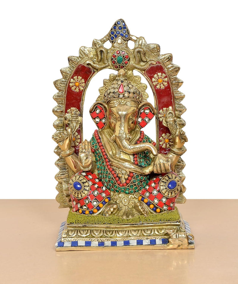 Brass Handcrafted Ganpati Bappa Murti (Height 12 Inch) (Multicolour)