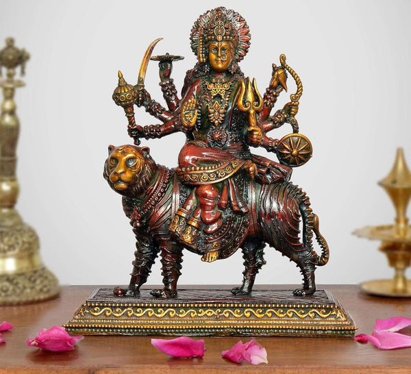 Superfine Brass Durga Maa with Tiger Idol (Height: 6.5 Inch)