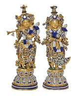 Brass Radha Krishna idol pair view, standing pose, blue and white beadwork, 19 in