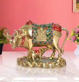 Brass Kamdhenu cow with calf showpiece, colorful painted panels and jewel-like accents
