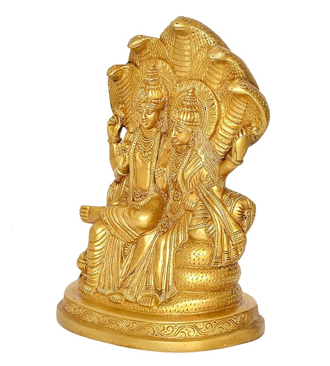 Brass Lord Vishnu with Maa Lakshmi On Sheshnag Idol Statue - (Height 9 inch)