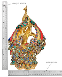 Brass peacock showpiece, 12 inch height, red blue green jeweled design