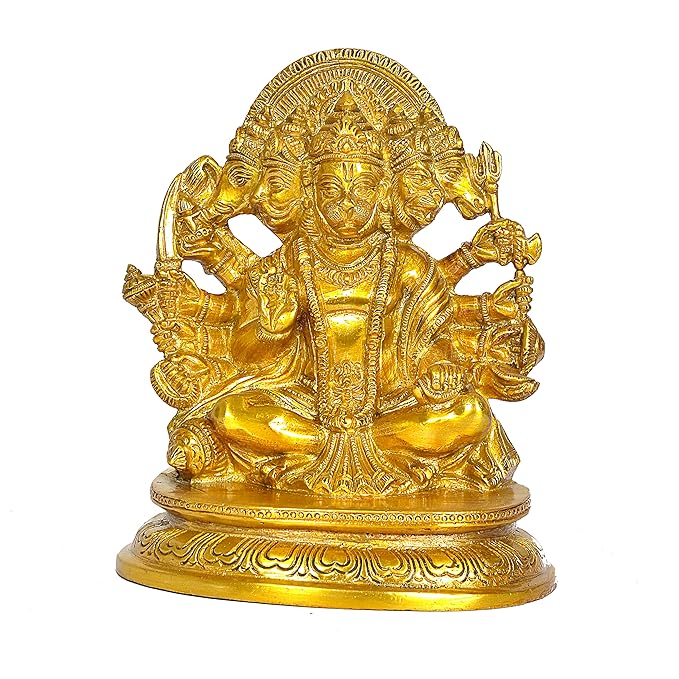 Brass Panchmukhi Hanuman Idol Figurine Home Office Temple Best Gift Item Golden Height 6.5 Inches