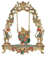 Brass Radha Krishna swing statue, seated figure on swing with jeweled details