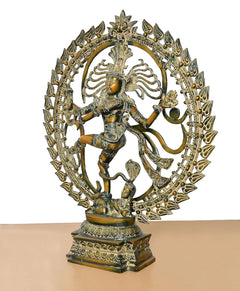 Brass Natraj Lord Shiva dancing idol, side angle with flowing arm ornaments and halo
