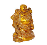 Brass laughing Buddha statue, front-side view with raised hand and ornate robe