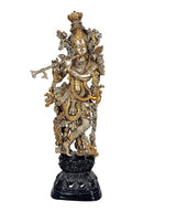 Brass Krishna Bhagwan murti standing, ornate crown, flute in hands, dark base, 29 in.