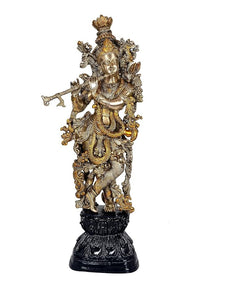Brass Krishna Bhagwan murti standing, ornate crown, flute in hands, dark base, 29 in.