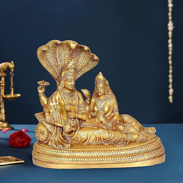 Brass Vishnu Lakshmi Idol Statue One Base Giving Blessings for Home Decor | Height : 13 Inches Mandir Setting